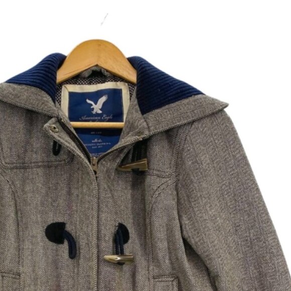 American Eagle Women's Wool Blend Jacket Gray Herringbone Coat Size Medium GUC - Picture 2 of 13